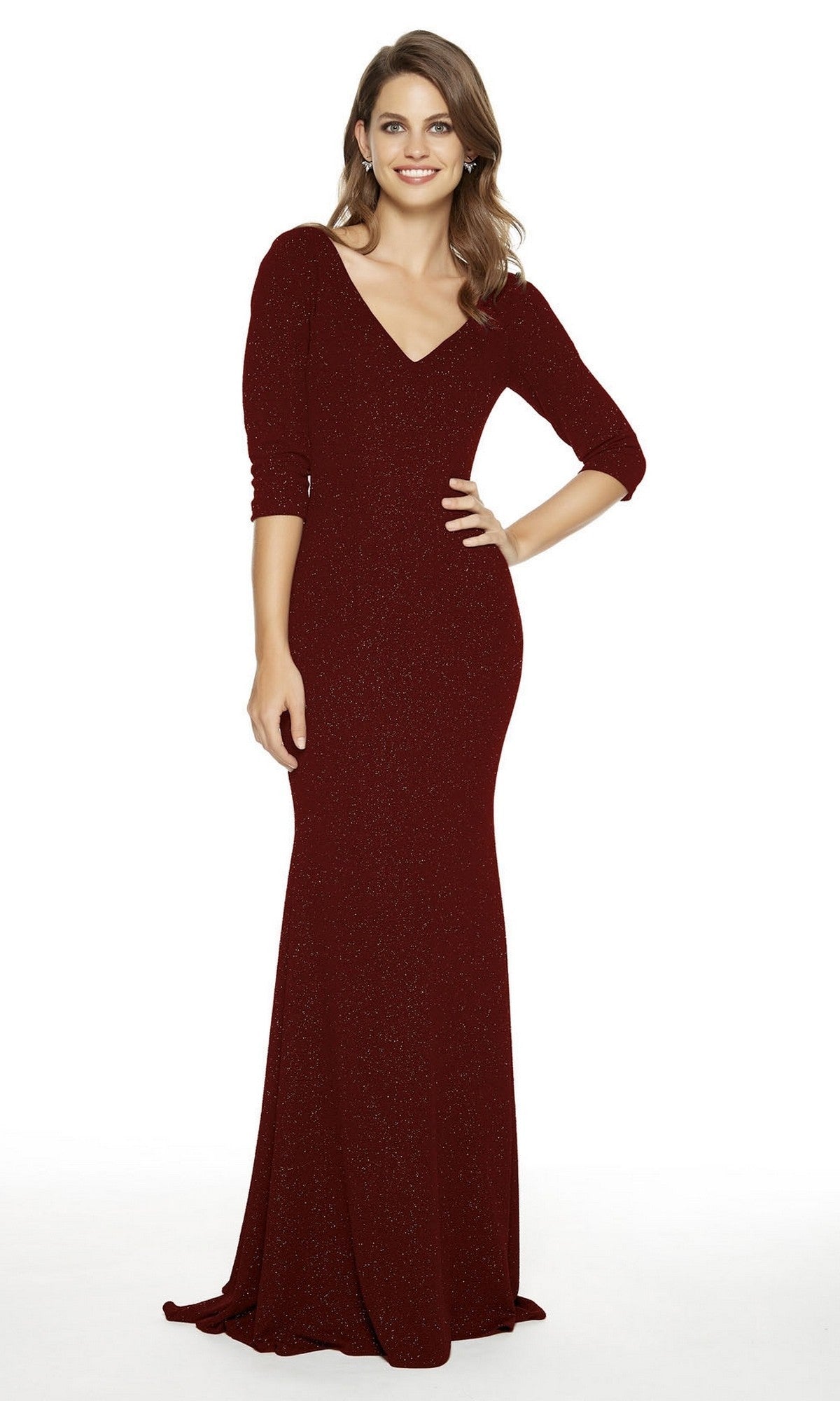 Woman wearing a long, fitted wine Alyce 27377 formal dress with three-quarter sleeves, standing and smiling against a plain white background.